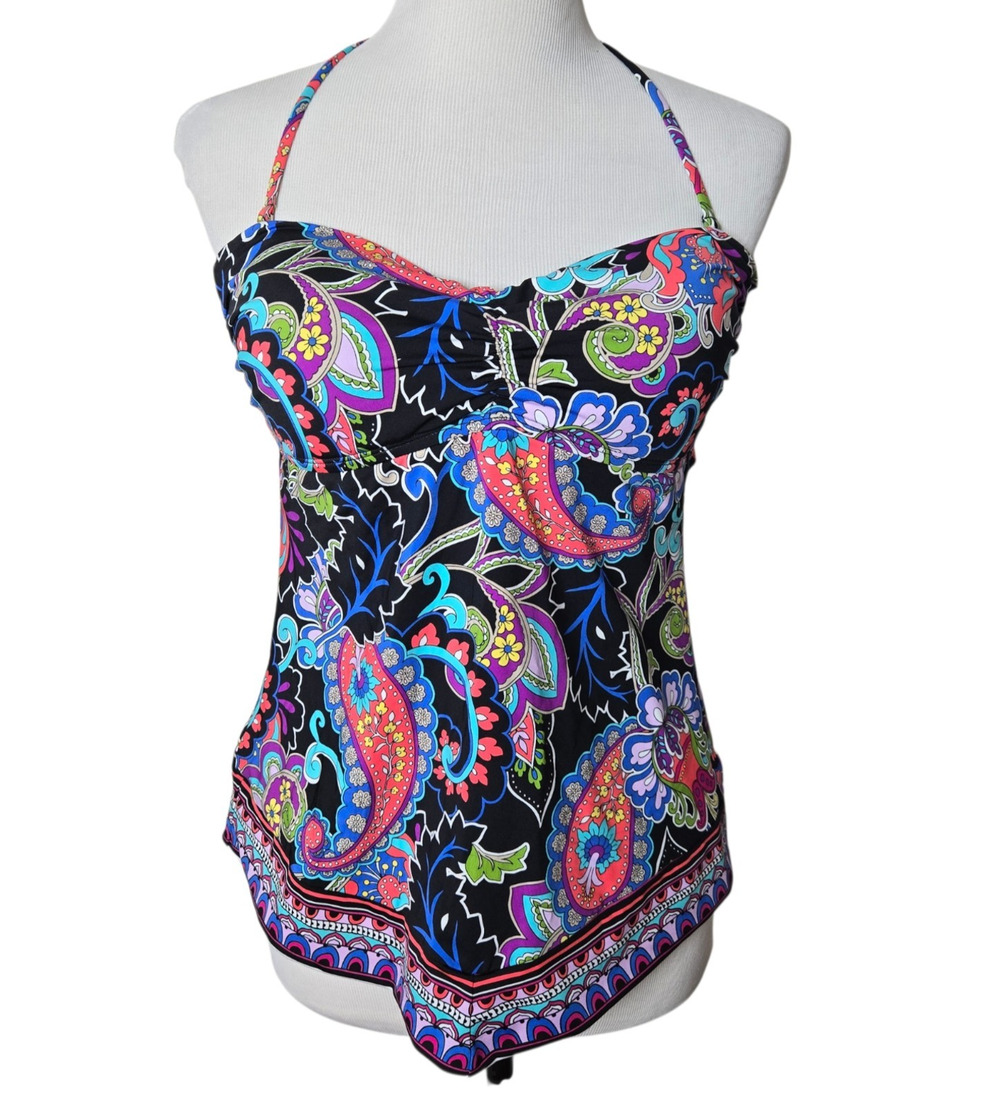 Apt 9 Tankini Swim Top Size Large Paisley Halter Black Purple Turquoise Pink